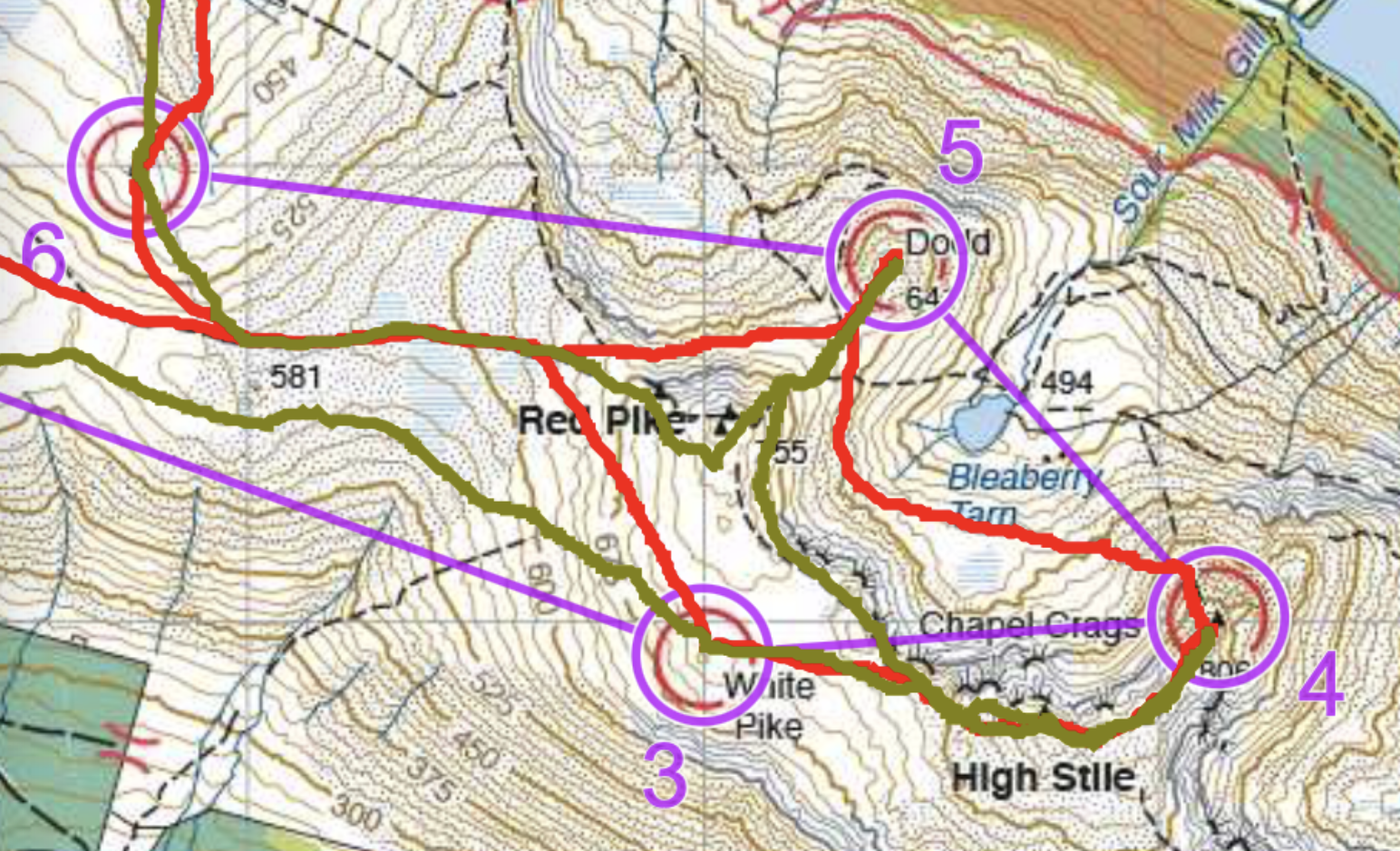 A map comparing the routes of two different pairs on the Harter Fell 2017 SLMM course.