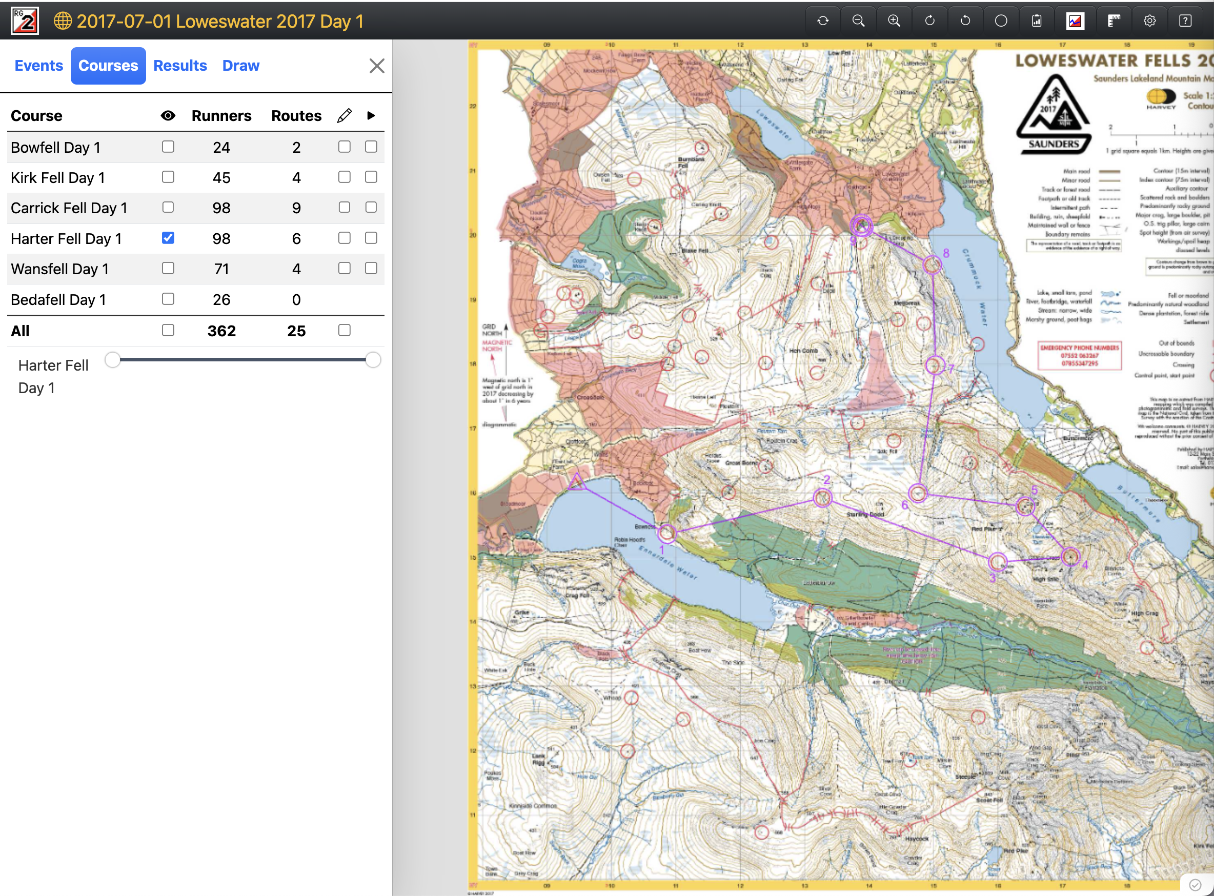 A map of the Harter Fell 2017 SLMM course showing only the control points.