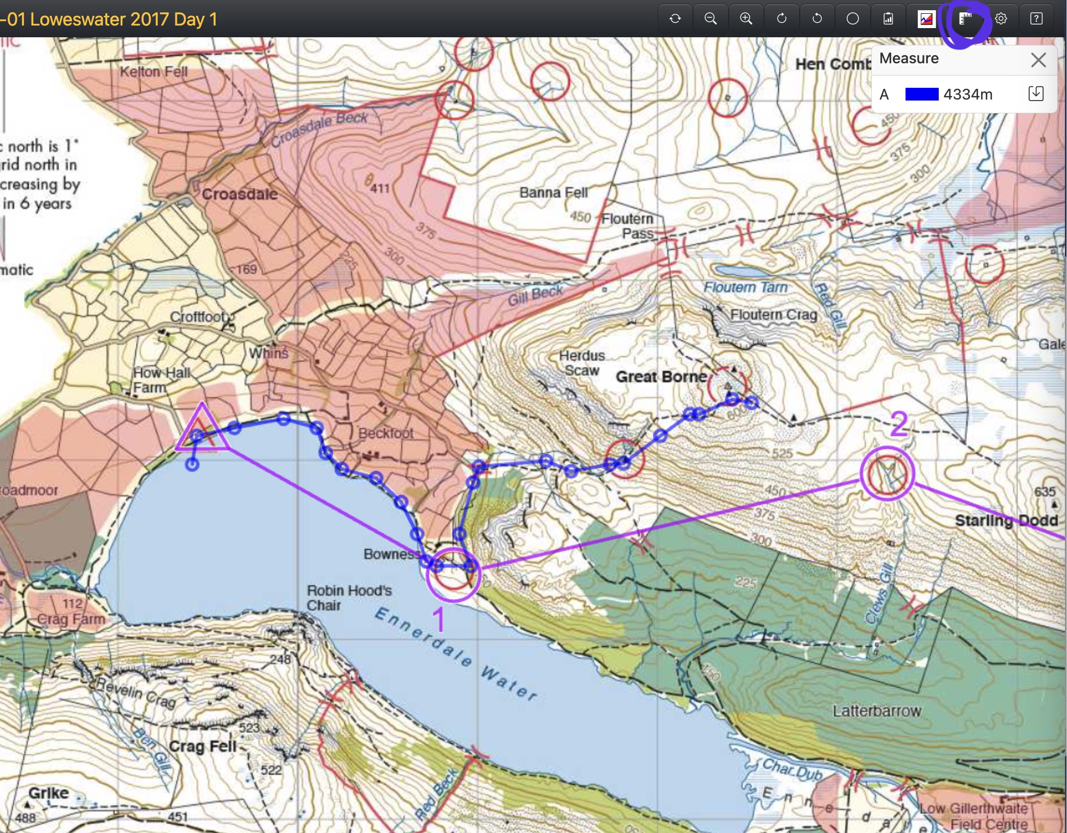 A screenshot of the Routegadget website showing the measure tool being used to draw a route on a map.