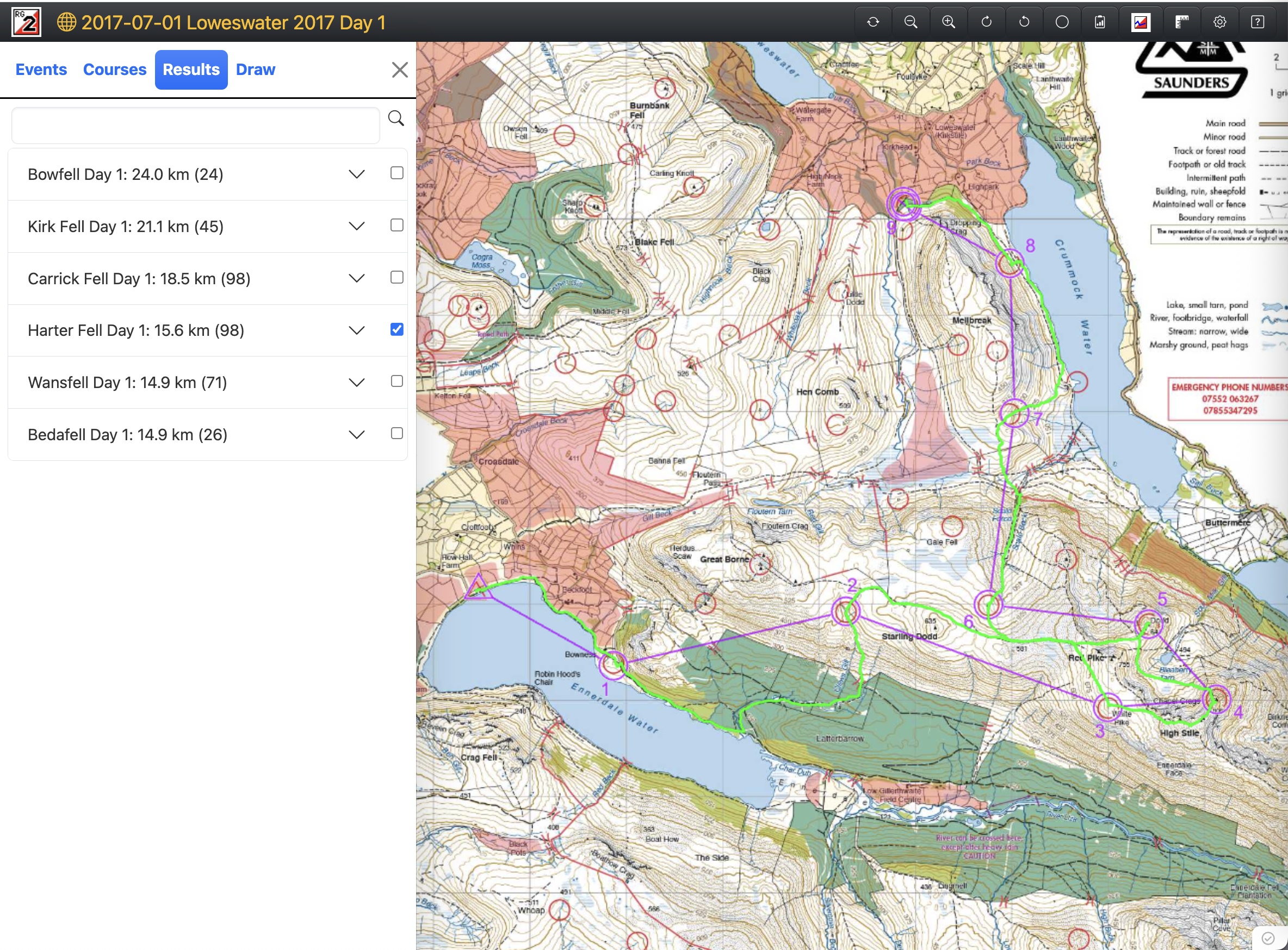 A map of the Harter Fell 2017 SLMM course showing the winning route.